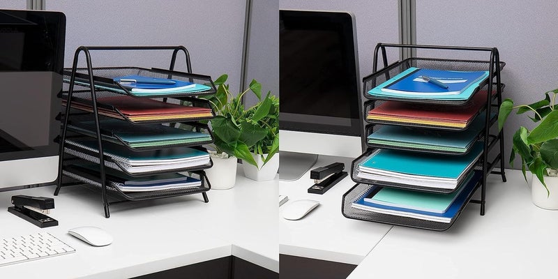 DGOOLS File Desk Tray, 5-Tier Metal Mesh File,Documents,Letters,A4 Size Organiser With Slidable Compartments Black (Desk Organizer For Officecountertop, Tiered Shelf) - Image 2