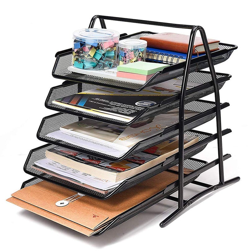 DGOOLS File Desk Tray, 5-Tier Metal Mesh File,Documents,Letters,A4 Size Organiser With Slidable Compartments Black (Desk Organizer For Officecountertop, Tiered Shelf) - Image 1