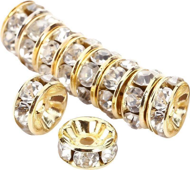 Allb 100Pcs Rondelle Spacer Beads 8mm Silver Plated Czech Crystal Rhinestone for Jewelry Making Loose Beads for Bracelets gold