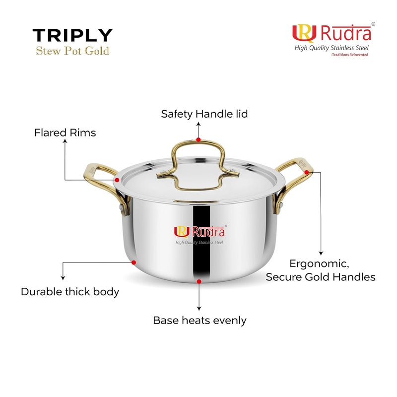 Rudra Smart TriPly SAS SteelAluminiumSteel 3 Layers Stewpot Gold CasseroleBiryani Pot Stock Pot with SS Lid Silver RU 9004 24 cm - Image 3