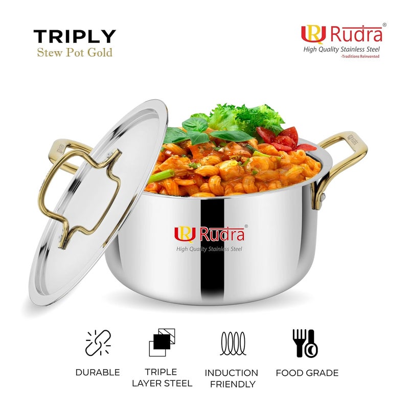 Rudra Smart TriPly SAS SteelAluminiumSteel 3 Layers Stewpot Gold CasseroleBiryani Pot Stock Pot with SS Lid Silver RU 9004 24 cm - Image 2