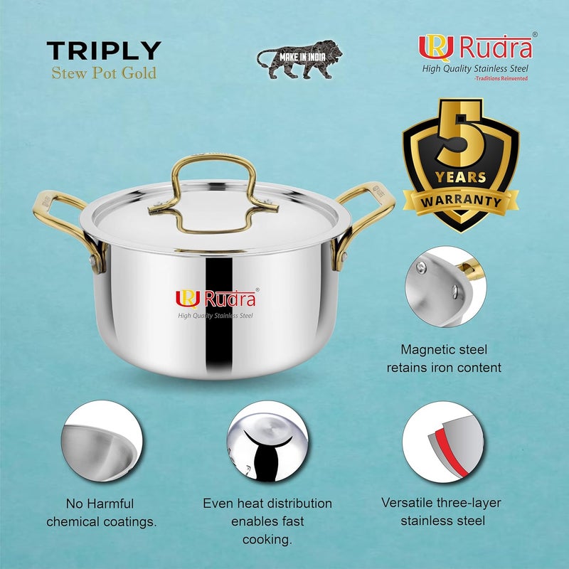 Rudra Smart TriPly SAS SteelAluminiumSteel 3 Layers Stewpot Gold CasseroleBiryani Pot Stock Pot with SS Lid Silver RU 9004 24 cm - Image 5