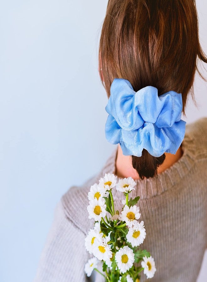 CEELGON XL Big Silk Scrunchies Hair Ties for Women - CEELGON Oversized Satin Silk Scrunchie Exra Large Jumbo Gaint Soft Chiffon Cute Scrunchy for Curl Thick Hair 4 Pack (Blue Series) - Image 3