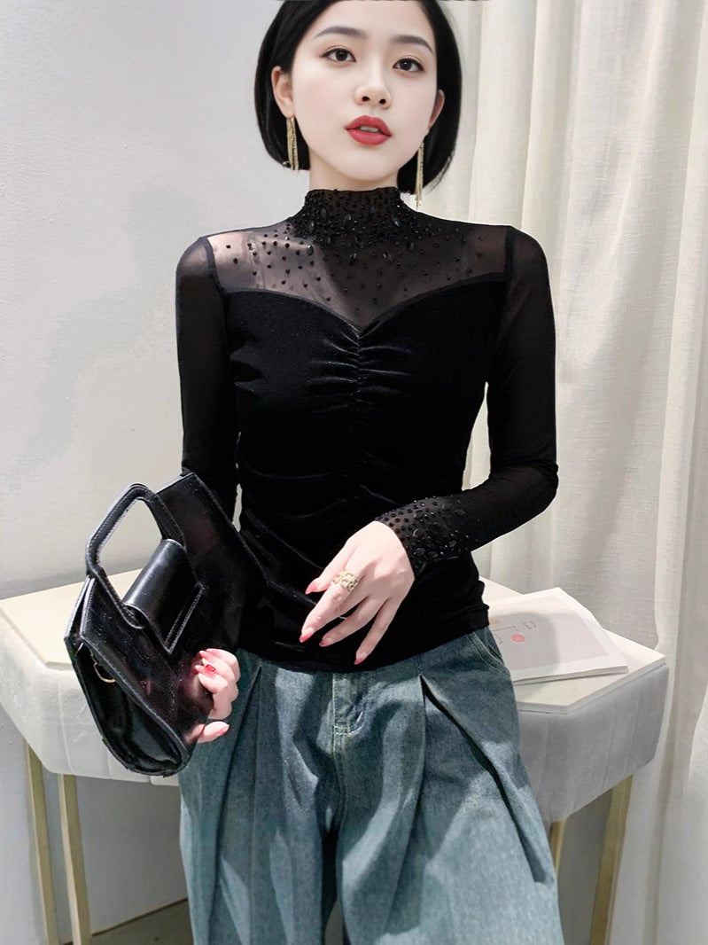 Fashion Beaded Distinctive Sleeves V-Neck T-Shirt Women'S Long Sleeve Design Sense Drilling Stylish Base Shirt - Image 4