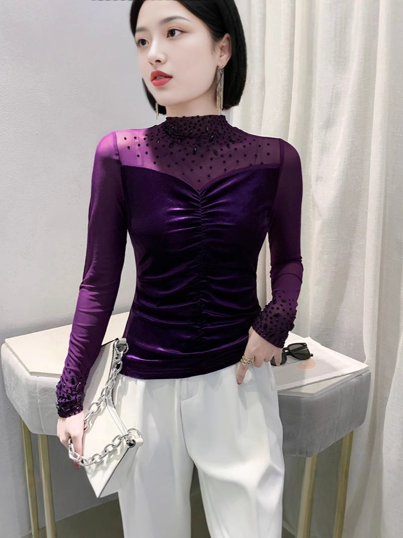 Fashion Beaded Distinctive Sleeves V-Neck T-Shirt Women'S Long Sleeve Design Sense Drilling Stylish Base Shirt - Image 2