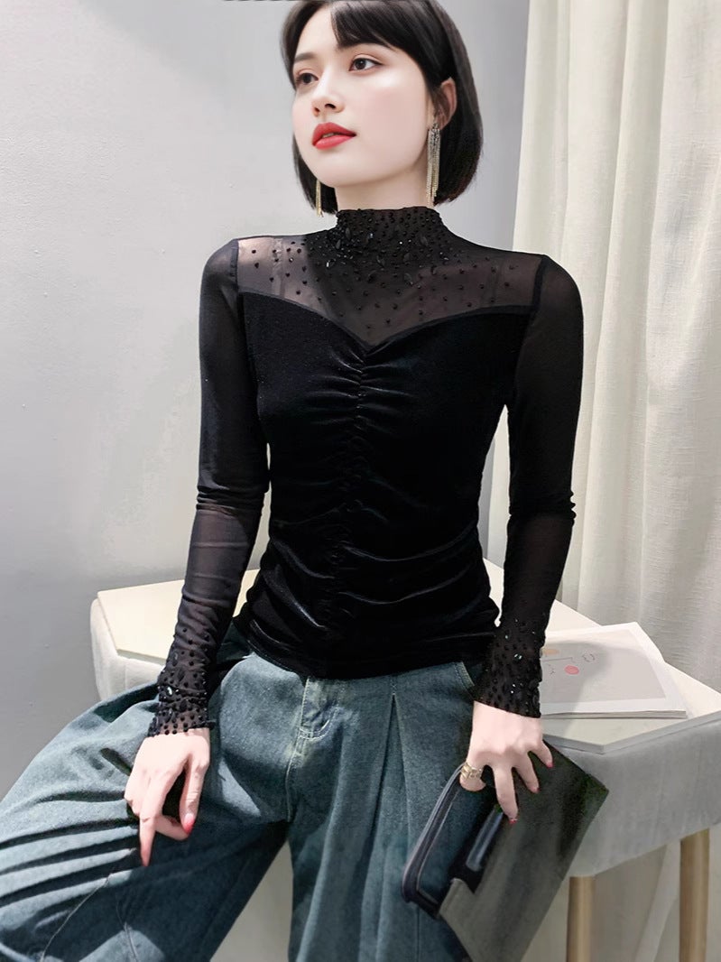 Fashion Beaded Distinctive Sleeves V-Neck T-Shirt Women'S Long Sleeve Design Sense Drilling Stylish Base Shirt - Image 5