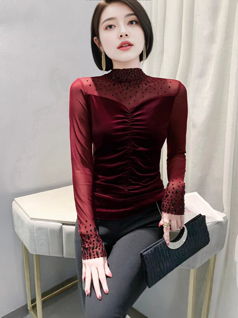 Fashion Beaded Distinctive Sleeves V-Neck T-Shirt Women'S Long Sleeve Design Sense Drilling Stylish Base Shirt - Image 3