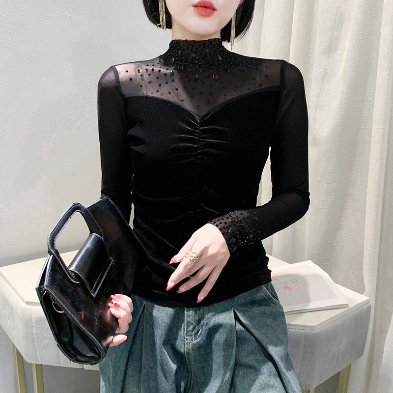 Fashion Beaded Distinctive Sleeves V-Neck T-Shirt Women'S Long Sleeve Design Sense Drilling Stylish Base Shirt - Image 1