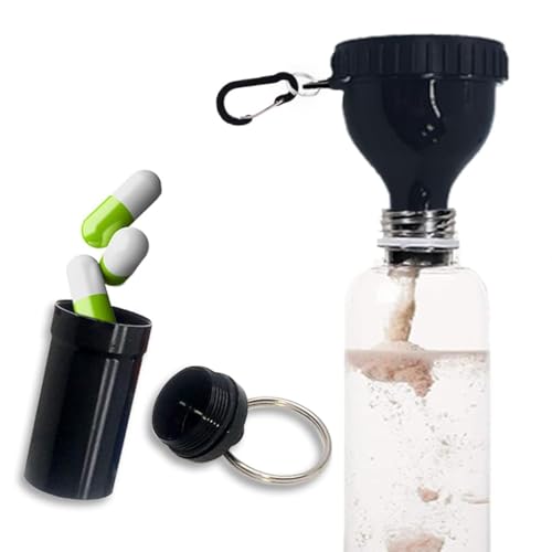 YAFIYGI Protein Powder Container to Go Funnel with Aluminium Alloy Mini Pocket Pill Box and Carabiner Clip Supplement Funnel with Cap for Water Bottle Pre Workout Gym Mini Travel Funnels Shaker Cup
