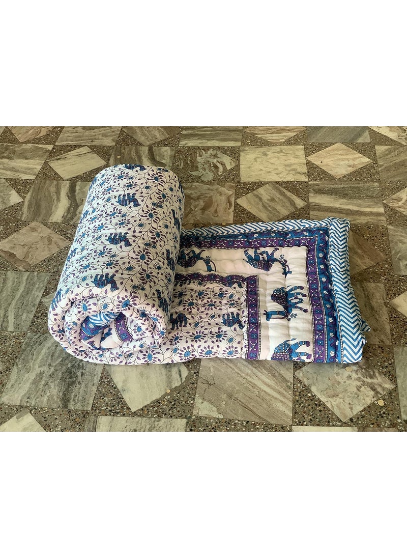 SIBLEY SIBLEY Rajasthani Traditional Cotton Jaipuri razai ac Blanket Camel Print with Floral Design Single Bed Reversible Both Sided Jaipuri Quilt 55 x 85 inch Blue  - Image 2