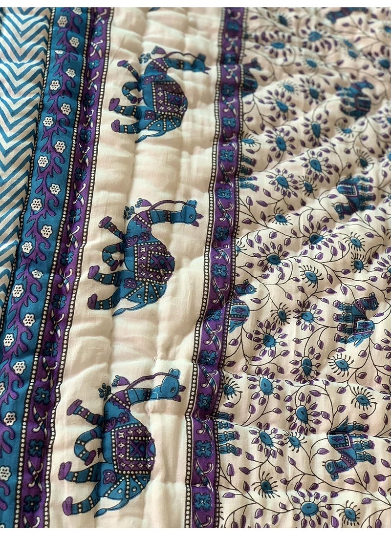 SIBLEY SIBLEY Rajasthani Traditional Cotton Jaipuri razai ac Blanket Camel Print with Floral Design Single Bed Reversible Both Sided Jaipuri Quilt 55 x 85 inch Blue  - Image 4