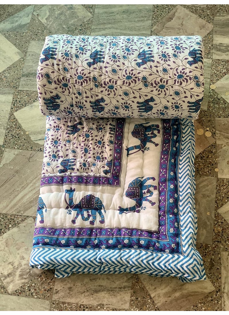 SIBLEY SIBLEY Rajasthani Traditional Cotton Jaipuri razai ac Blanket Camel Print with Floral Design Single Bed Reversible Both Sided Jaipuri Quilt 55 x 85 inch Blue  - Image 5