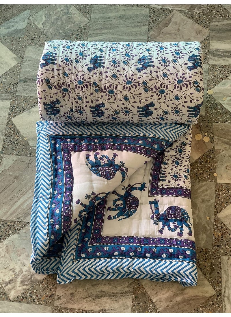 SIBLEY SIBLEY Rajasthani Traditional Cotton Jaipuri razai ac Blanket Camel Print with Floral Design Single Bed Reversible Both Sided Jaipuri Quilt 55 x 85 inch Blue  - Image 3