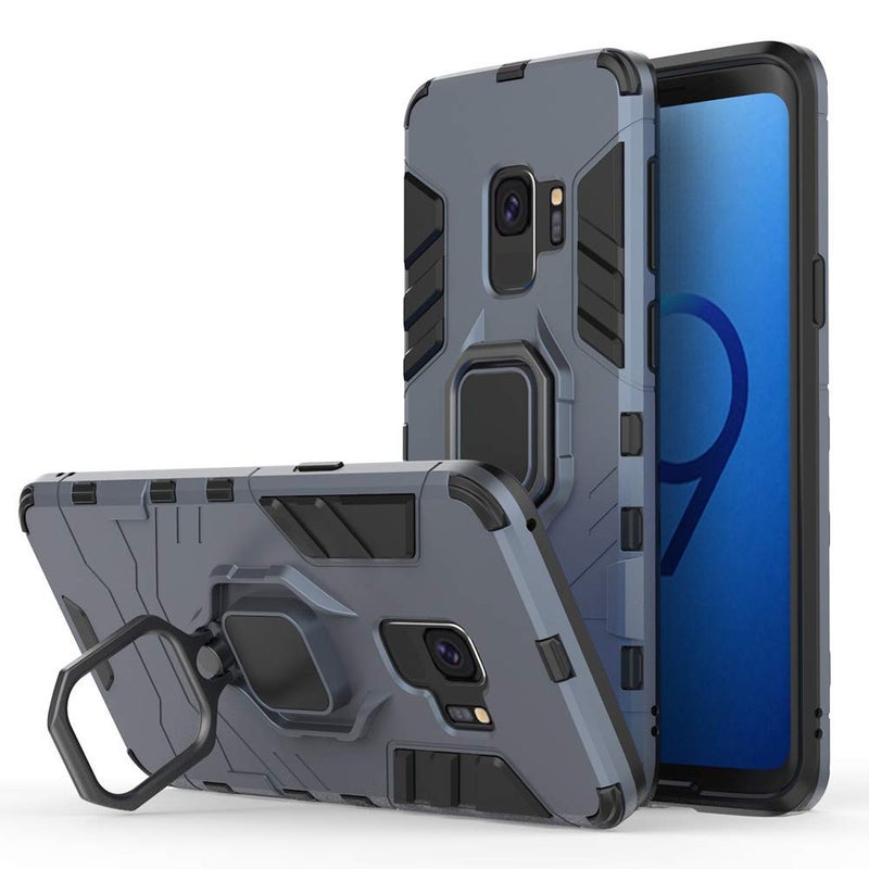 MaiJin Compatible with Galaxy S9 Case Metal Ring Grip Kickstand Shockproof Hard Bumper Shell Works with Magnetic Car Mount Dual Layer Rugged Cover for Samsung Galaxy S9 Navy Blue