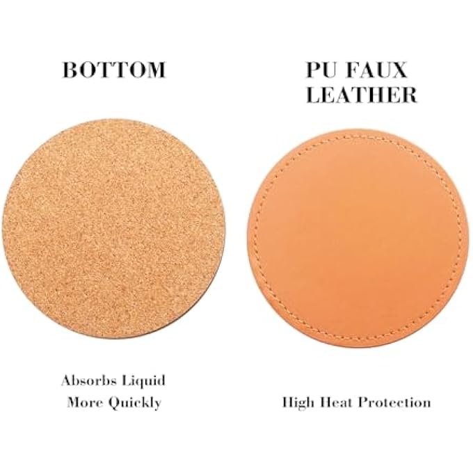 ريحني مجموعة من 6 قواعد أكواب جلدية للمشروبات مع حامل معدني ذهبي، مصنوعة من جلد البولي يوريثان البني، وظهر من الفلين، وديكور مكتبي، هدية ترحيبية للمنزل أو المكتب - Image 5