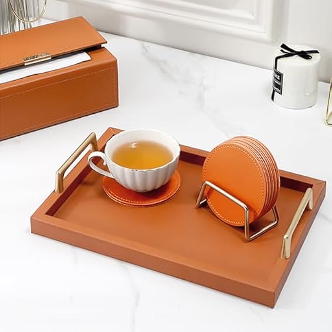 ريحني مجموعة من 6 قواعد أكواب جلدية للمشروبات مع حامل معدني ذهبي، مصنوعة من جلد البولي يوريثان البني، وظهر من الفلين، وديكور مكتبي، هدية ترحيبية للمنزل أو المكتب - Image 4