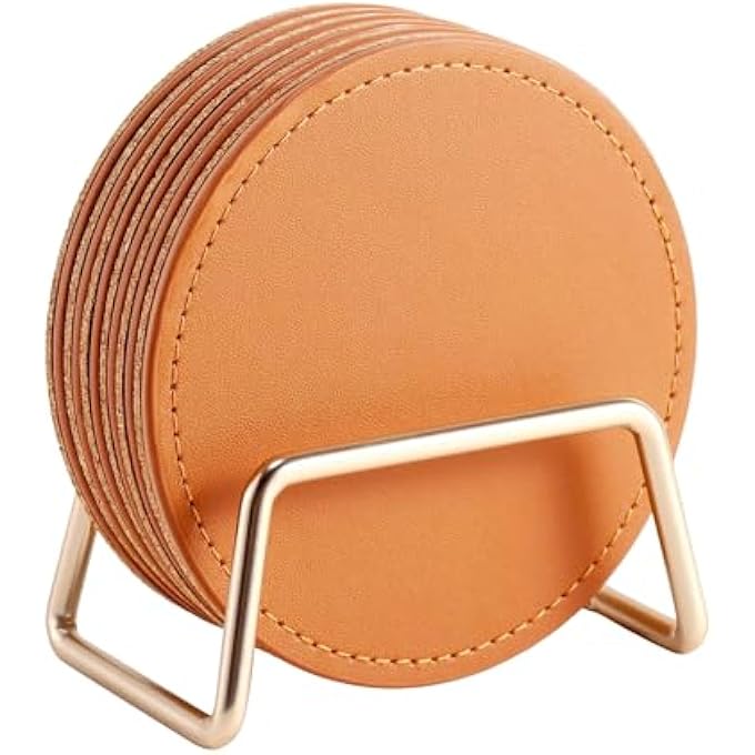 ريحني مجموعة من 6 قواعد أكواب جلدية للمشروبات مع حامل معدني ذهبي، مصنوعة من جلد البولي يوريثان البني، وظهر من الفلين، وديكور مكتبي، هدية ترحيبية للمنزل أو المكتب - Image 2