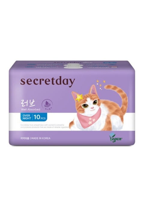 SECRETDAY LOVE Sanitary Pads with Wings, Maxi- Absorption, Leak Protection with Triple guard, Soft & Slim Top Sheet, Air circulation Breathable Waterproof Layer, Made in Korea(Overnight, 10pc)