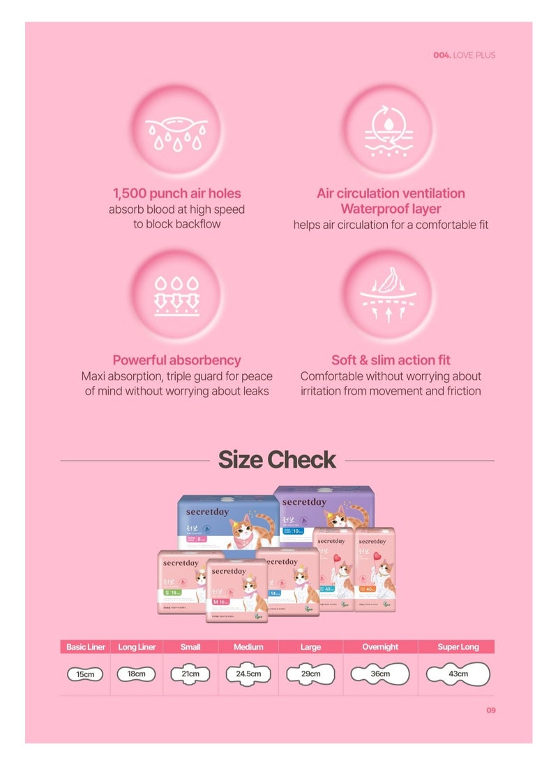 SECRETDAY LOVE Sanitary Pads with Wings, Maxi- Absorption, Leak Protection with Triple guard, Soft & Slim Top Sheet, Air circulation Breathable Waterproof Layer, Made in Korea(Overnight, 10pc)