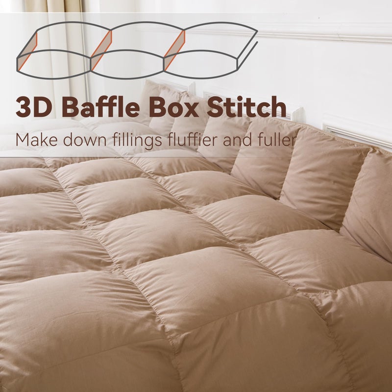SNOWMAN Premium Down Comforter, Luxurious All Season Duvet Insert with Cotton Blended Fabric, 3D Baffle Box Design Medium Warm Hotel Style Bedding Comforter Khaki All Season King Size 106x90 Inch - Image 3