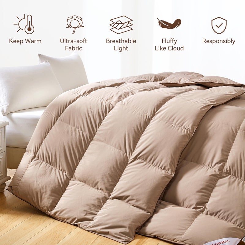 SNOWMAN Premium Down Comforter, Luxurious All Season Duvet Insert with Cotton Blended Fabric, 3D Baffle Box Design Medium Warm Hotel Style Bedding Comforter Khaki All Season King Size 106x90 Inch - Image 2
