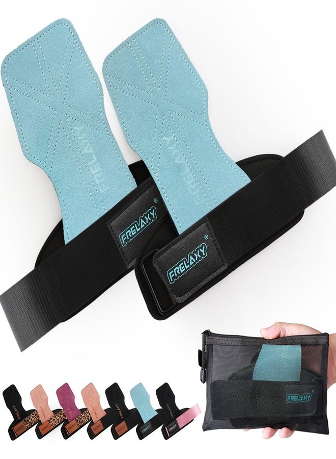Frelaxy Lifting Wrist Straps Women and Men, Weight Lifting Grips with Cushion Wrist Loop, Double Layer Leather and Storage Pouch, Gym Workout Straps for Deadlift and Powerlifting (Lake Blue) - Image 1