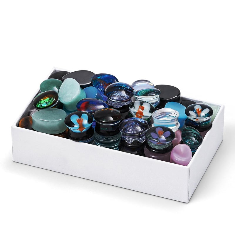 COOEAR 10 Pairs Glass/Stone Ear Tunnels, Random Mix and Match Gauges Flesh Tunnels Plugs Stretchers Expander Double Flared Ear Piercing Jewelry. - Image 3