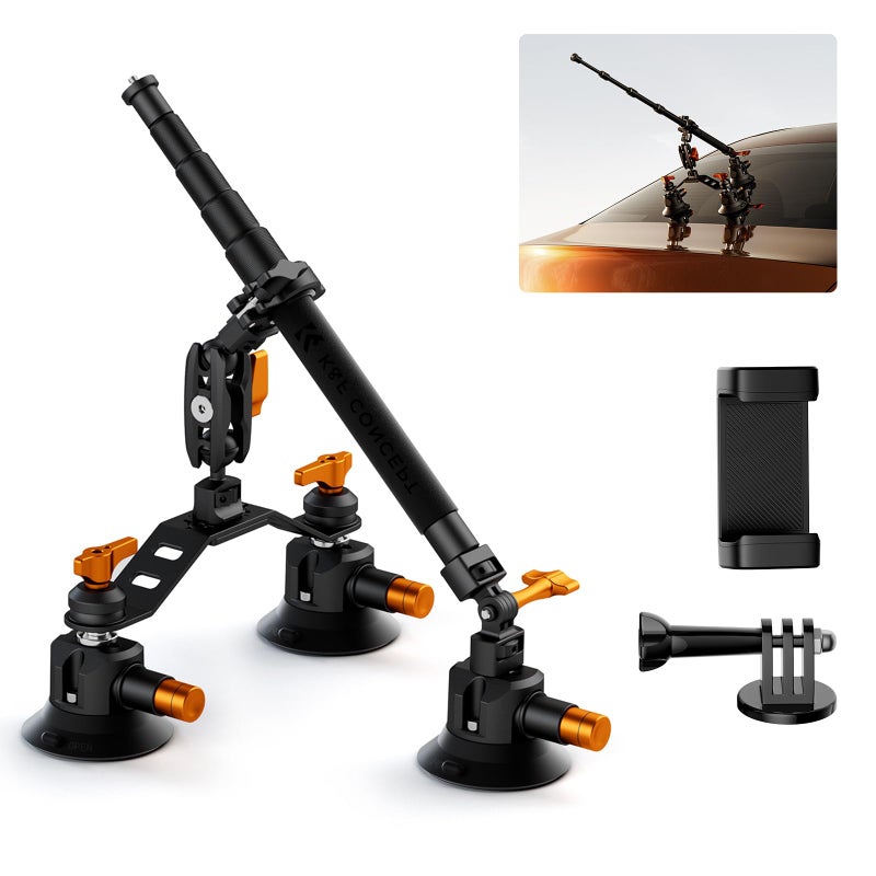 K&F CONCEPT Car Mount for Camera: 3 in 1 Suction Cup Mount Kit 15Â° Curved Surface Adjustment with Action Camera Extension Pole Adapter Phone Holder Compatible with Insta360 Action 5/4/3/2 - Image 1