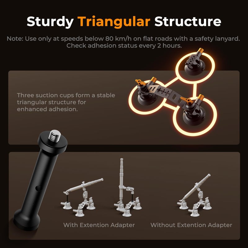 K&F CONCEPT Car Mount for Camera: 3 in 1 Suction Cup Mount Kit 15Â° Curved Surface Adjustment with Action Camera Extension Pole Adapter Phone Holder Compatible with Insta360 Action 5/4/3/2 - Image 2