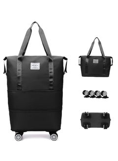 Foldable Luggage Bag Double Layer Expandable Suitcases Large Capacity Dry Wet Separation Duffle Bag With Wheels (Black)
