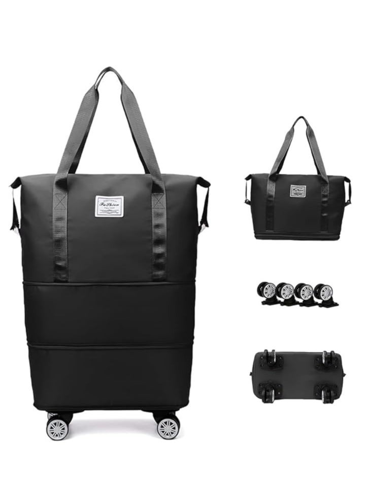 DUNISO Foldable Luggage Bag Double Layer Expandable Suitcases Large Capacity Dry Wet Separation Duffle Bag With Wheels (Black)  - Image 1