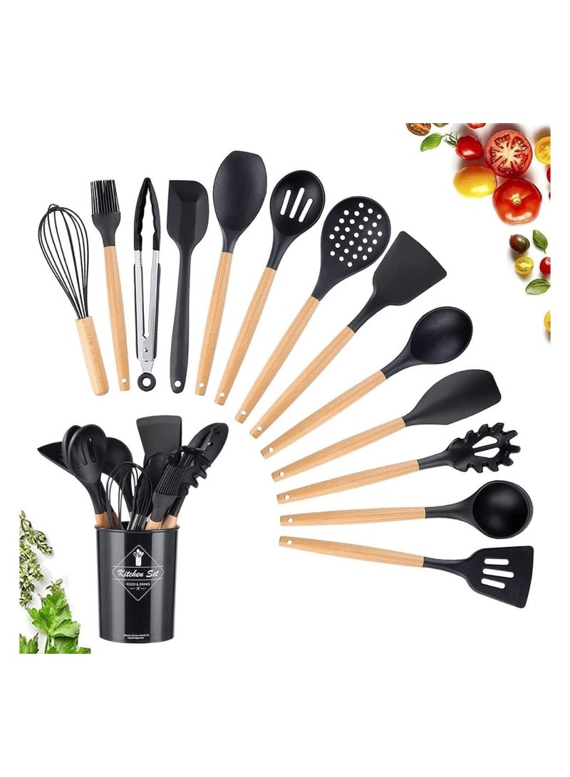 Silicone Cooking Utensil Set, Silicone Kitchen Utensil Set-12 pcs, Wooden Handles Utensils Tool for Nonstick Cookware, Non Toxic Heat Resistant Kitchen Tools Set Silicone Utensils (Black) - Image 1