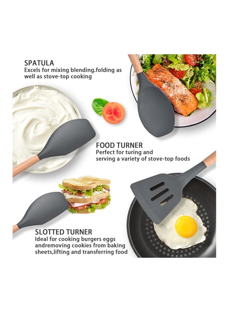 Silicone Cooking Utensil Set, Silicone Kitchen Utensil Set-12 pcs, Wooden Handles Utensils Tool for Nonstick Cookware, Non Toxic Heat Resistant Kitchen Tools Set Silicone Utensils (Black) - Image 2