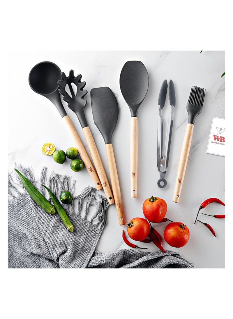 Silicone Cooking Utensil Set, Silicone Kitchen Utensil Set-12 pcs, Wooden Handles Utensils Tool for Nonstick Cookware, Non Toxic Heat Resistant Kitchen Tools Set Silicone Utensils (Black) - Image 3
