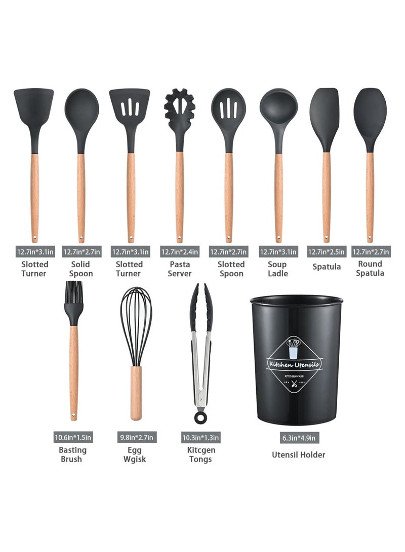 Silicone Cooking Utensil Set, Silicone Kitchen Utensil Set-12 pcs, Wooden Handles Utensils Tool for Nonstick Cookware, Non Toxic Heat Resistant Kitchen Tools Set Silicone Utensils (Black) - Image 4