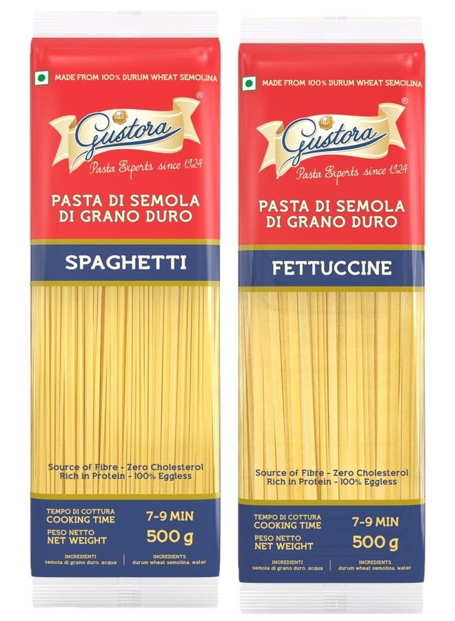 GUSTORA Combo of Spaghetti & Fettuccine Pasta, 1 KG I Pasta Combo Made of Durum Wheat Semolina I Rich in Protein I Vegetarian - Image 1