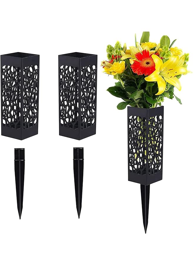 erorex 2 Pcs Grave Flower Holders Cemetery Vase For Fresh Artificial Flowers Grave Decorations 7 Inch Inch Plastic Rectangle Vases With 5 Inch Inch Detachable Long Spike Black - Image 1