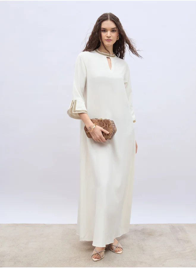 Styli Lace Trim 3/4 Sleeves Keyhole Neck Jalabiya
