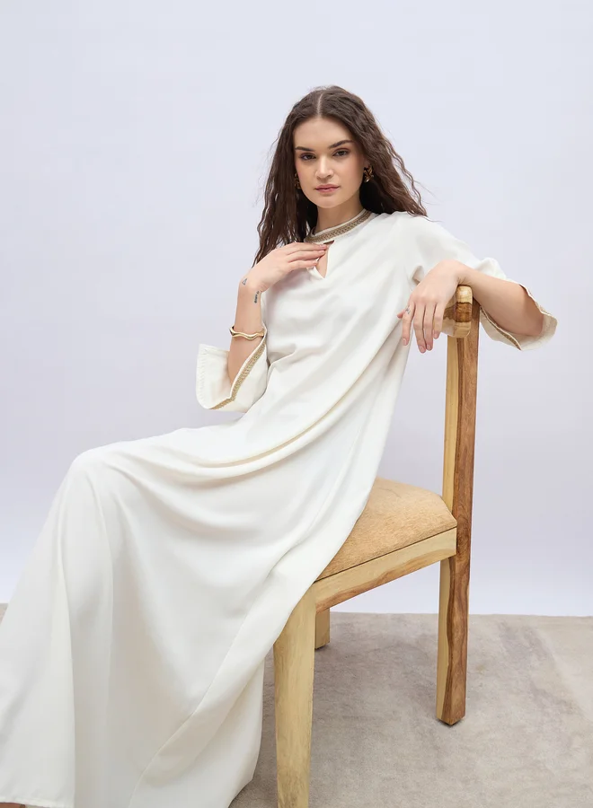 Styli Lace Trim 3/4 Sleeves Keyhole Neck Jalabiya