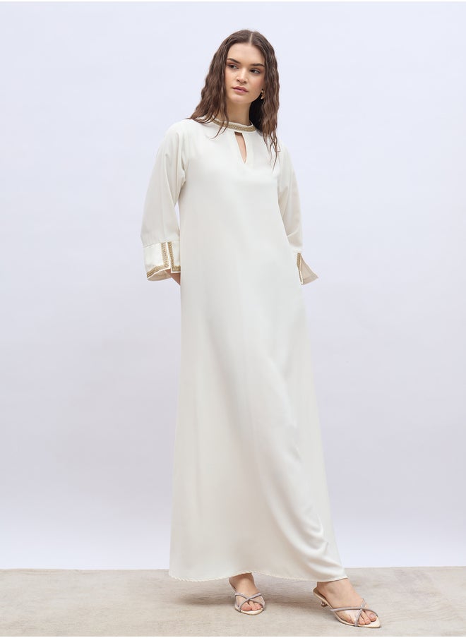 Styli Lace Trim 3/4 Sleeves Keyhole Neck Jalabiya  - Image 2