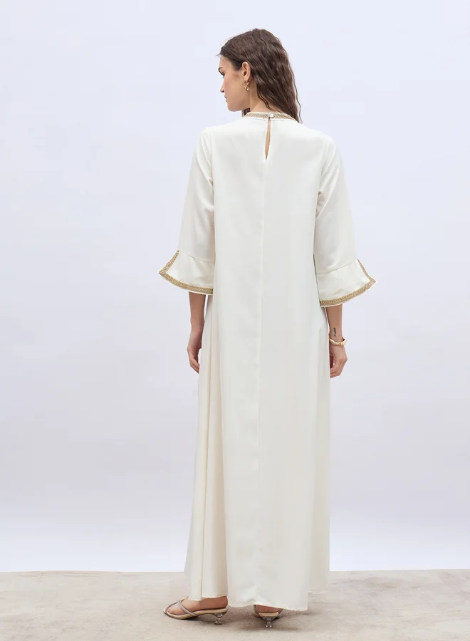 Styli Lace Trim 3/4 Sleeves Keyhole Neck Jalabiya