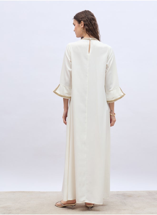 Styli Lace Trim 3/4 Sleeves Keyhole Neck Jalabiya  - Image 5