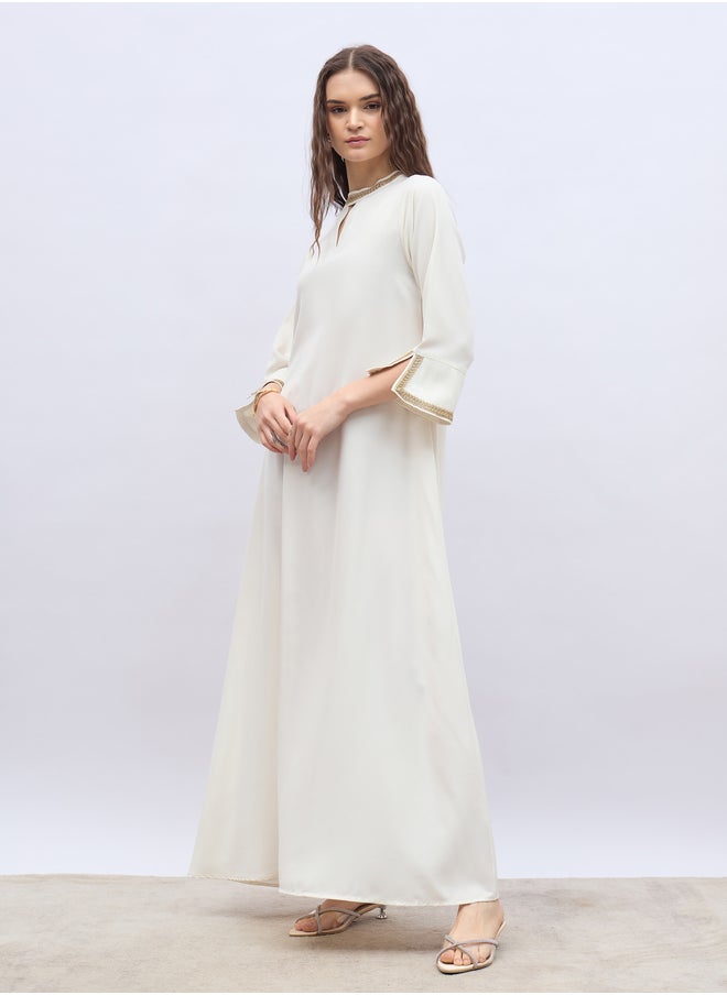 Styli Lace Trim 3/4 Sleeves Keyhole Neck Jalabiya  - Image 3
