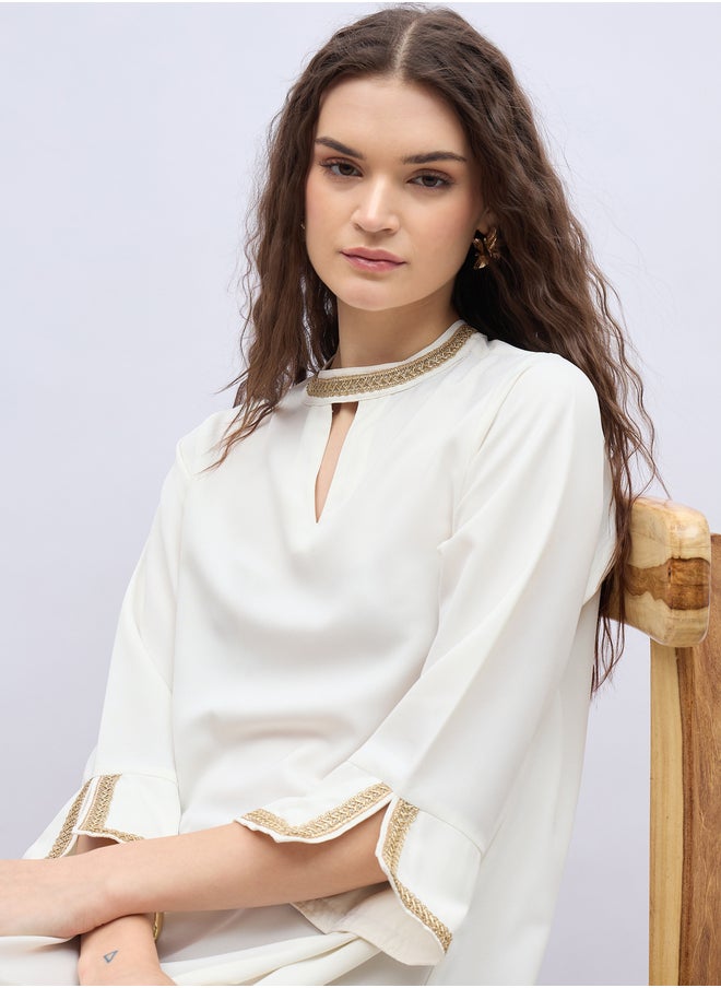Styli Lace Trim 3/4 Sleeves Keyhole Neck Jalabiya  - Image 4