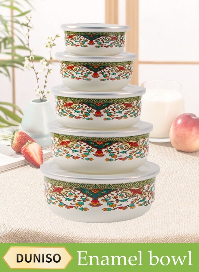 DUNISO 5 Pieces Of Enamel Bowls, Thickened Ice Bowls, Soup Bowls, Enamel Mixing Bowls, Food Storage Containers With Floral Patterns And Lids, Used For Storing Fruits, Vegetables, Daily Kitchen Food - Image 1