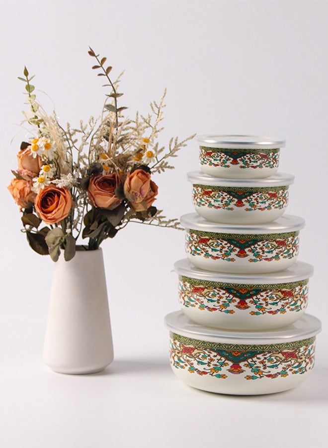 DUNISO 5 Pieces Of Enamel Bowls, Thickened Ice Bowls, Soup Bowls, Enamel Mixing Bowls, Food Storage Containers With Floral Patterns And Lids, Used For Storing Fruits, Vegetables, Daily Kitchen Food - Image 3