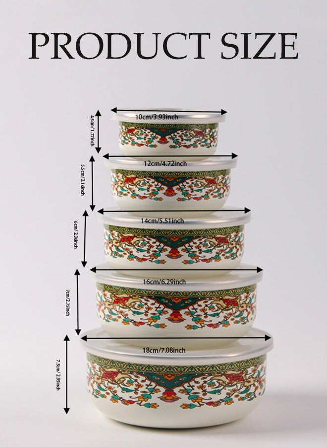 DUNISO 5 Pieces Of Enamel Bowls, Thickened Ice Bowls, Soup Bowls, Enamel Mixing Bowls, Food Storage Containers With Floral Patterns And Lids, Used For Storing Fruits, Vegetables, Daily Kitchen Food - Image 2
