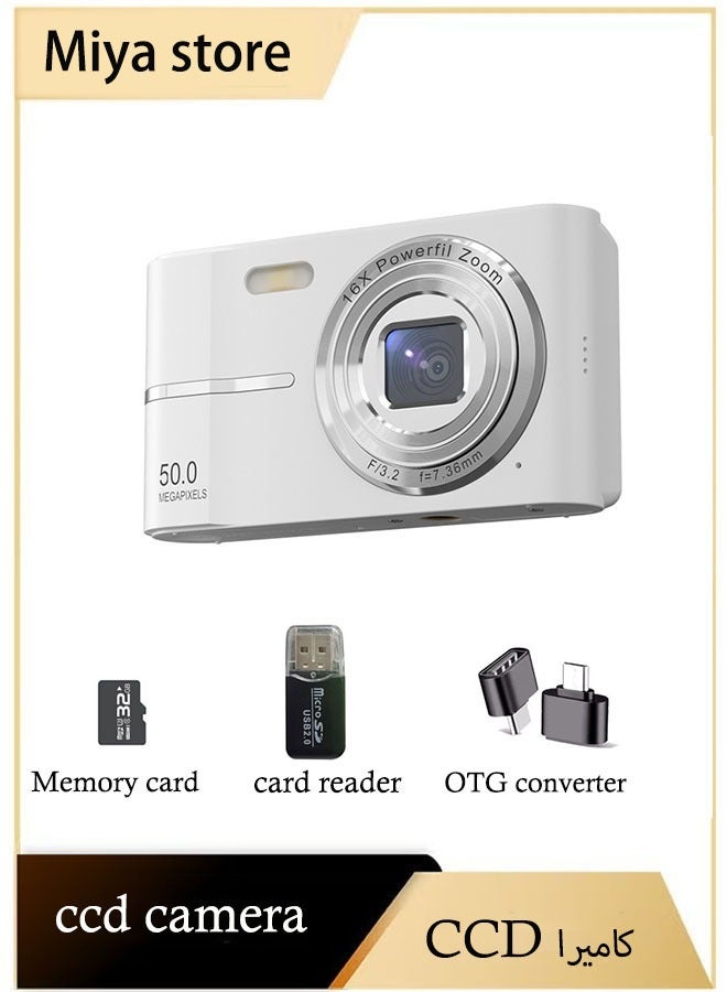 Miya Digital Camera, 50MP Full HD 1080P Camera with 16x Zoom Anti-Shake, Compact Camera for Teens Girls Boys, Kids Camera with 32GB SD Card（White）  - Image 1
