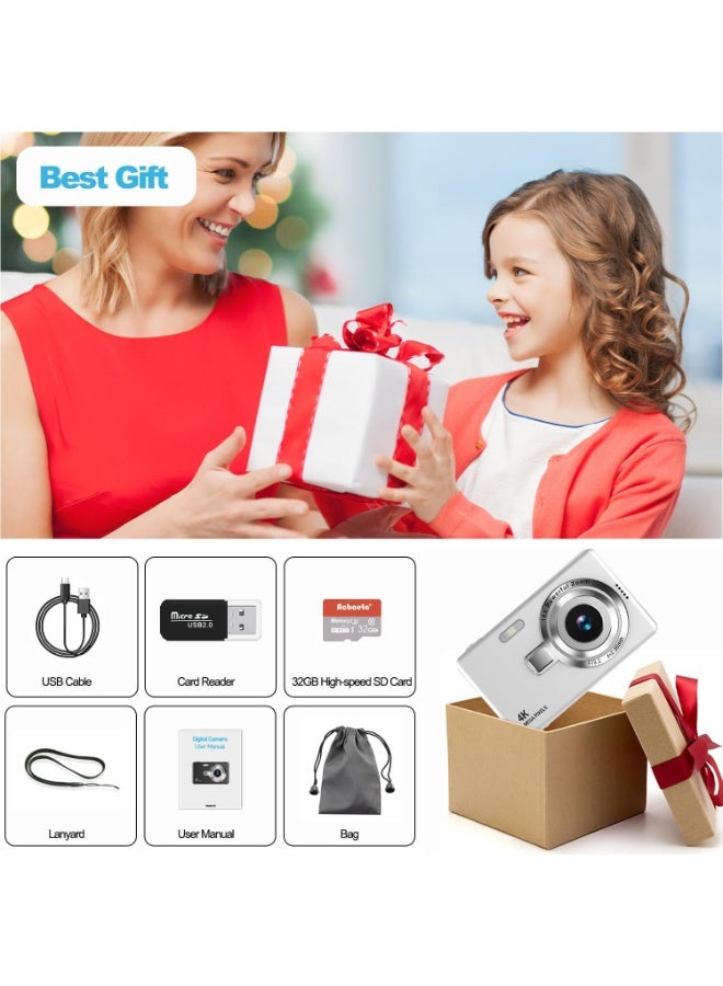 Miya Digital Camera, 50MP Full HD 1080P Camera with 16x Zoom Anti-Shake, Compact Camera for Teens Girls Boys, Kids Camera with 32GB SD Card（White）  - Image 3