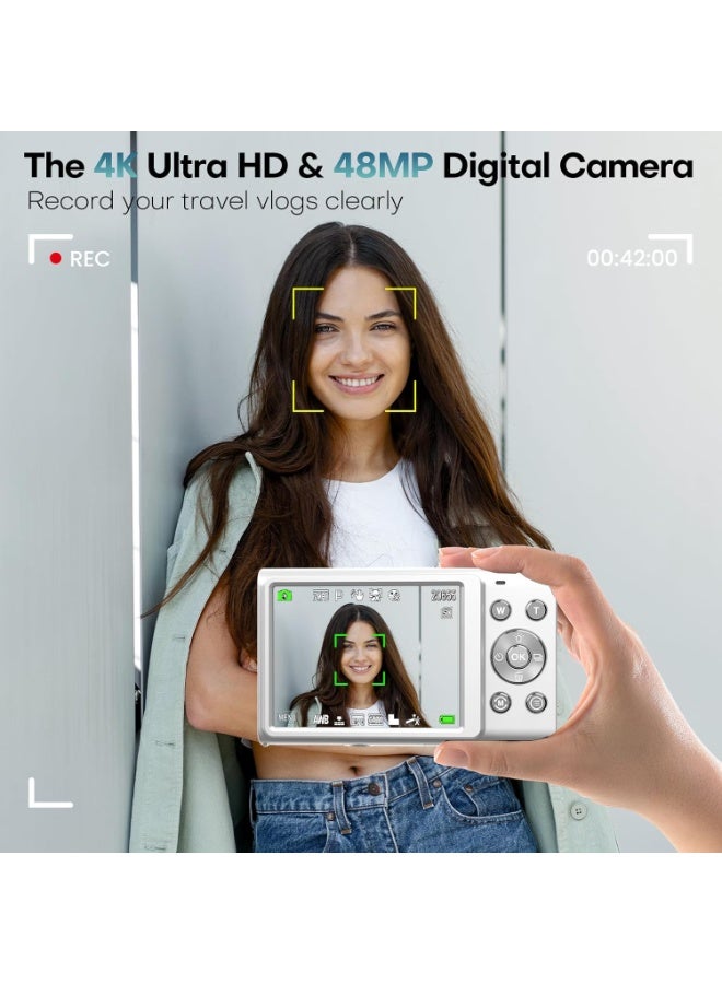 Miya Digital Camera, 50MP Full HD 1080P Camera with 16x Zoom Anti-Shake, Compact Camera for Teens Girls Boys, Kids Camera with 32GB SD Card（White）  - Image 2